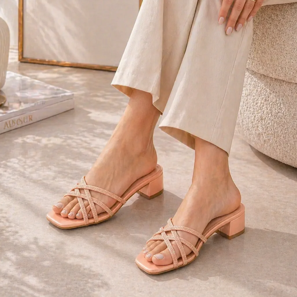 Person wearing pink strappy sandals on a light wooden floor.