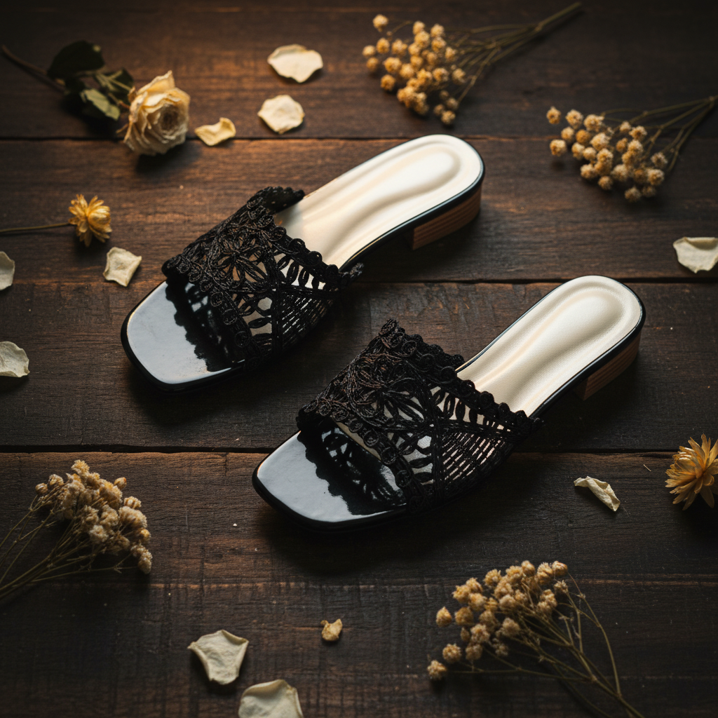 Black Crochet Cutwork Flats