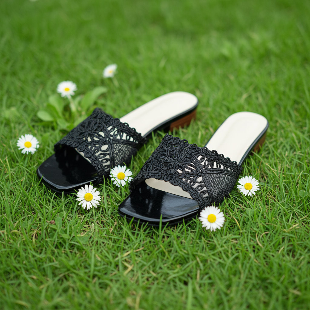 Black Crochet Cutwork Flats