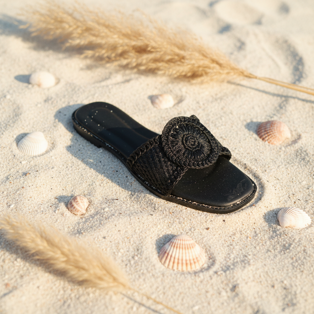 Black Crochet Sunflower Flats