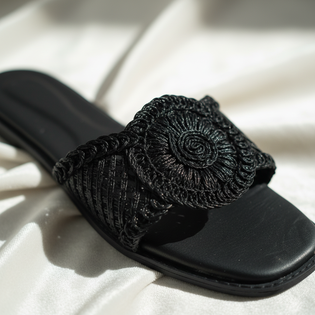 Black Crochet Sunflower Flats