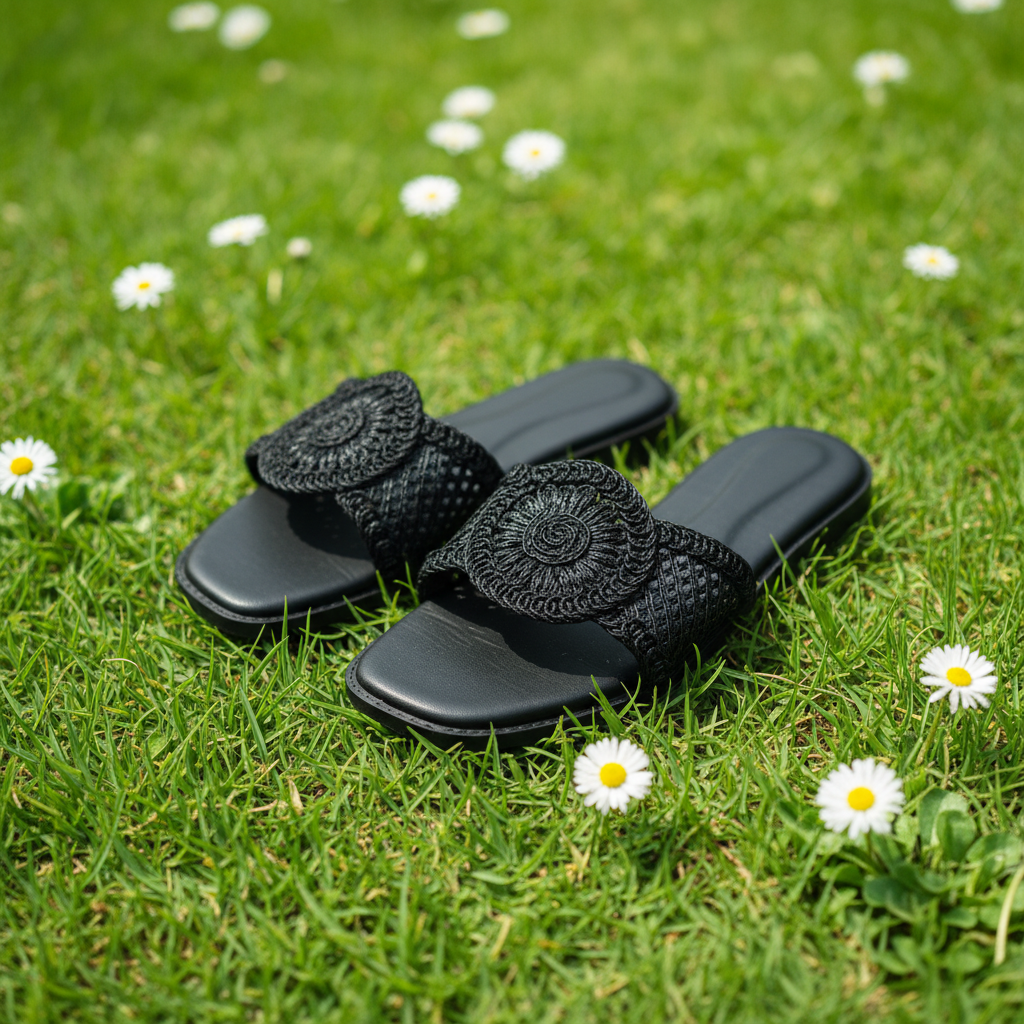 Black Crochet Sunflower Flats