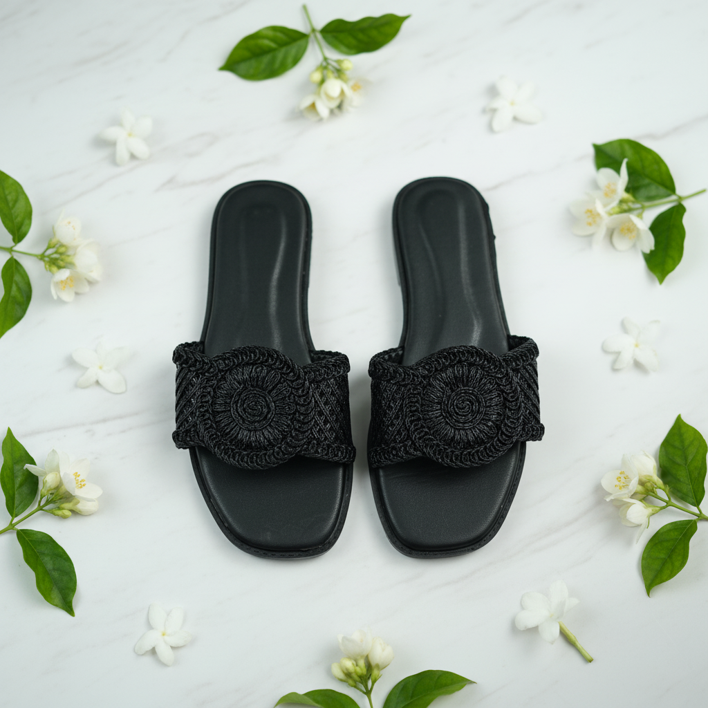 Black Crochet Sunflower Flats