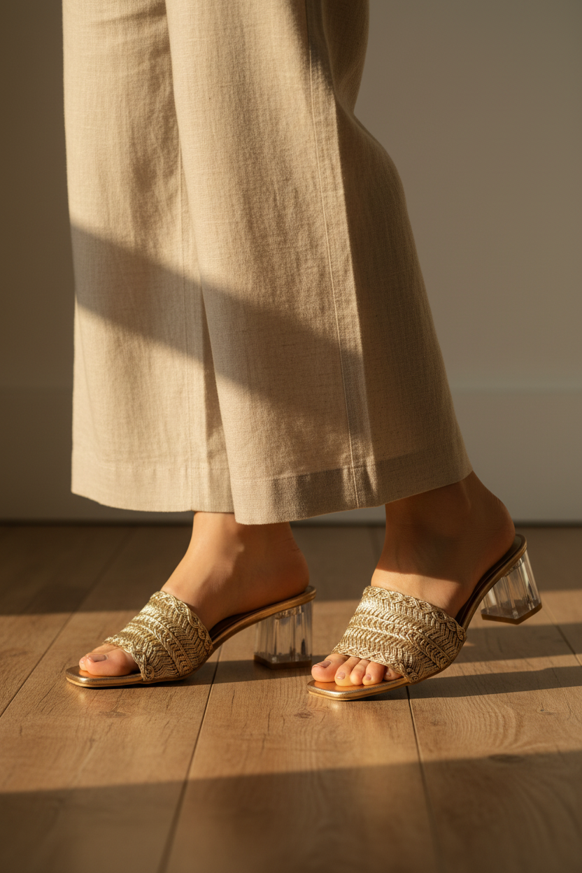 Champagne Braided Woven Mules Wear Angle
