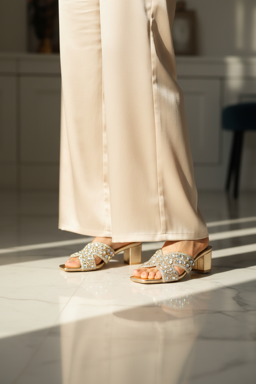 Champagne Crystal Crossover Mules Wear Angle