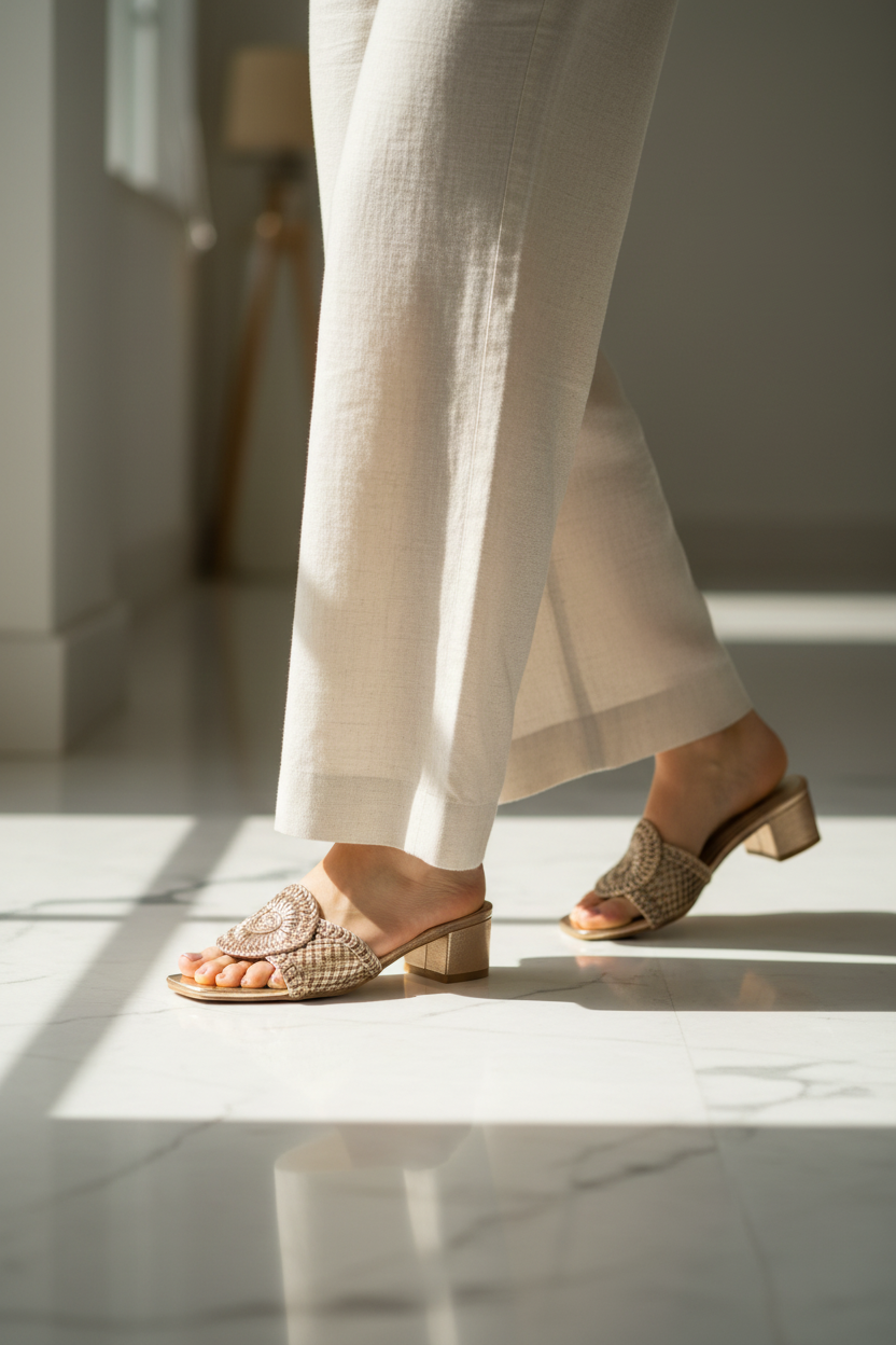 Gold Crochet Mules Wear Angle