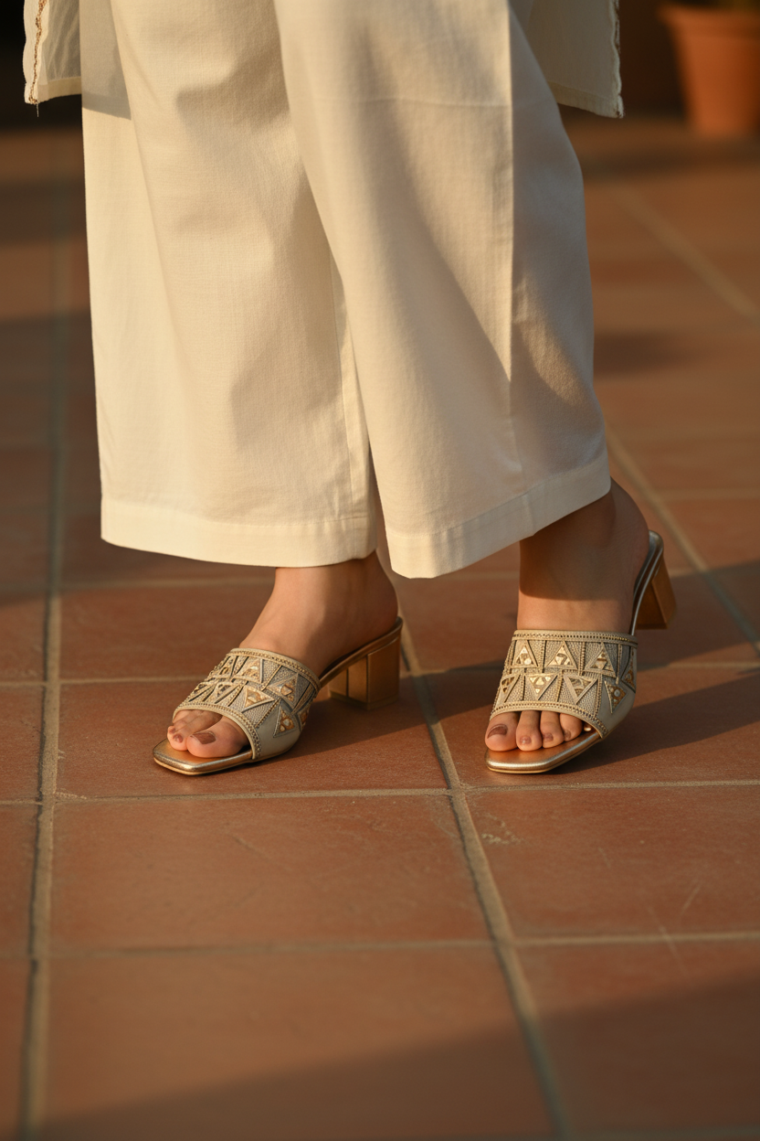 Gold Geometric Cutwork Mules Wear Angle
