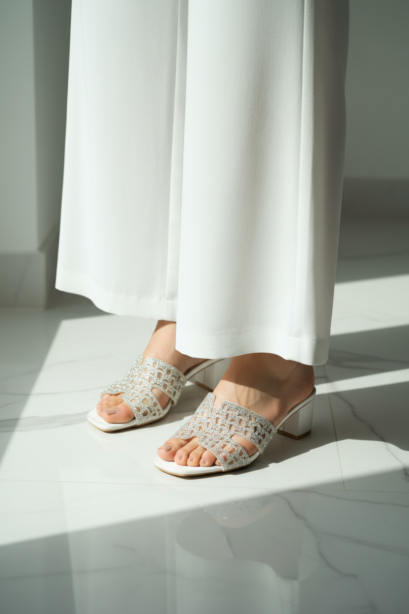 White Crystal Rhinestone Mules Wear Angle